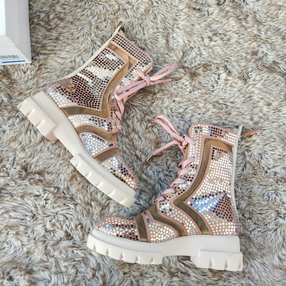 AGL Lug Sole Pink Sequin‎ Combat Boots EU Size 37 US Size 7